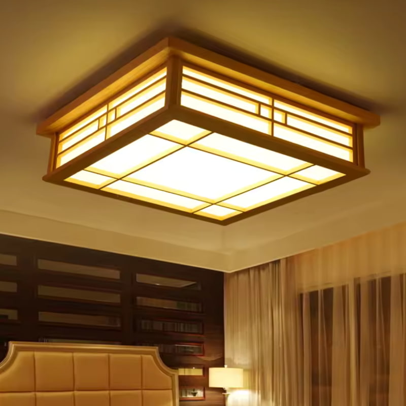 Plafonnier bois noyer de style japonais dans une pièce Japandi à l'éclairage chaleureux