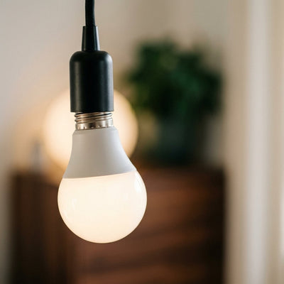 Ampoule LED E27 dans une suspension noire au-dessus d'une table en noyer, ambiance japonaise moderne