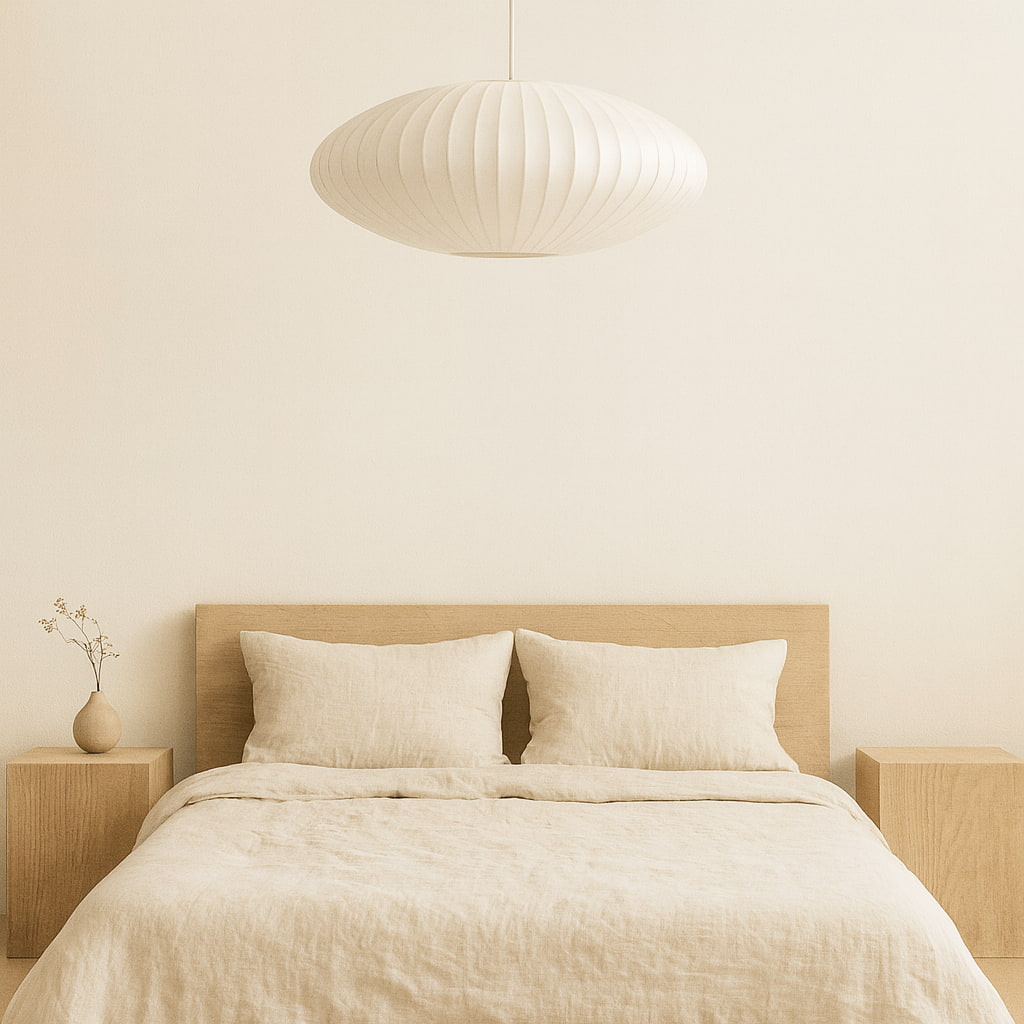 Chambre beige avec un lit, des tables de chevet et une suspension japonaise suspendue