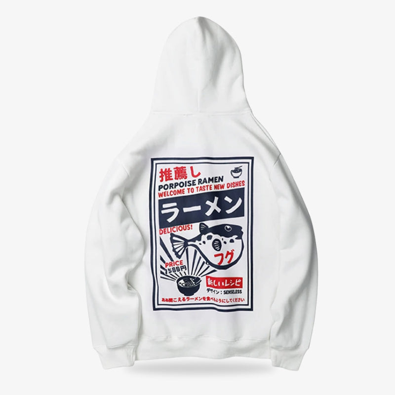 Sweat japonais blanc avec petit logo ramen sur la poitrine