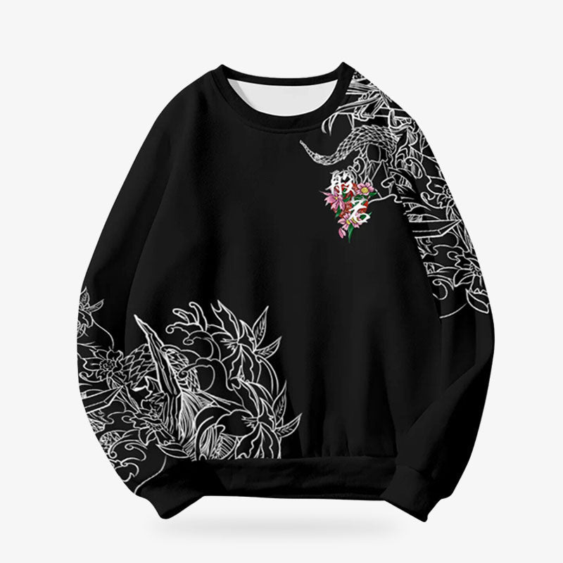 Sweat Oni noir avec motif floral japonais blanc sur fond blanc