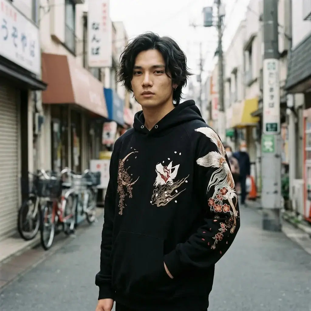Sweat japonais brodé noir avec une petite tête de renard kitsune et une lune couleur bronze sur la poitrine.
