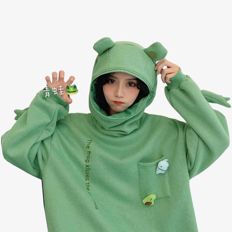 Sweat japonais kawaii avec capuche et fermeture éclair, conçu avec un design de grenouille amusant pour un look original
