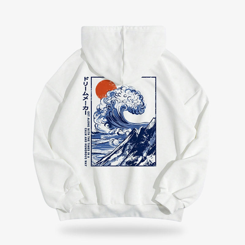 Ce Sweat kanagawa est un hoodie japonais blanc en coton, décoré d’un imprimé iconique de la Grande Vague de Kanagawa, parfait pour un look artistique et minimaliste.