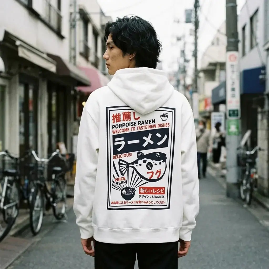 Vue de dos du sweat blanc montrant le grand imprimé rétro façon affiche de menu de ramen.