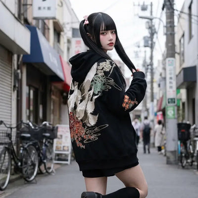 Sweat kitsune porté oversize par une femme à Tokyo, qui regarde par-dessus son épaule le renard blanc dans le dos.