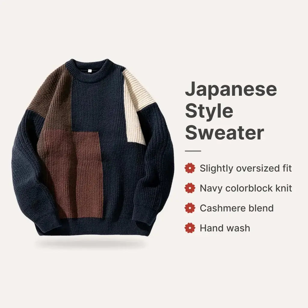 Pull Style Japonais : coupe légèrement oversize, design colorblock marine, mélange doux cachemire-polyester, col rond et poignets côtelés.