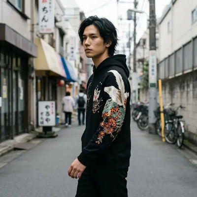 Sweatshirt kitsune noir photographié en marchant à Tokyo, avec la fourrure du renard blanc et des fleurs rouges le long de la manche.