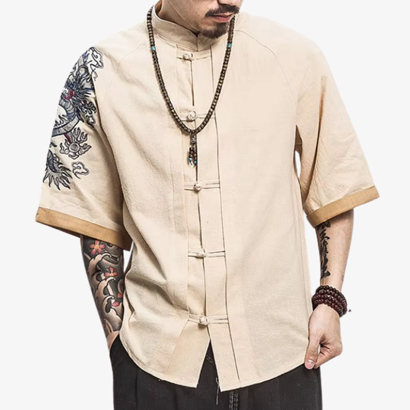 T-shirt dragon de style japonais avec un tracé fin et une symbolique culturelle, mêlant force mythologique et design moderne