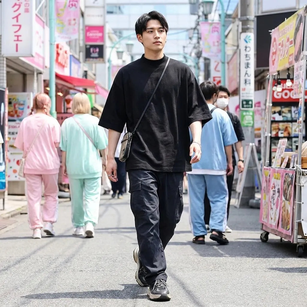T-shirt harajuku homme vue de face en coton noir