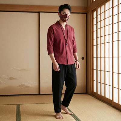 T-shirt Japon Homme rouge en lin, vue de face