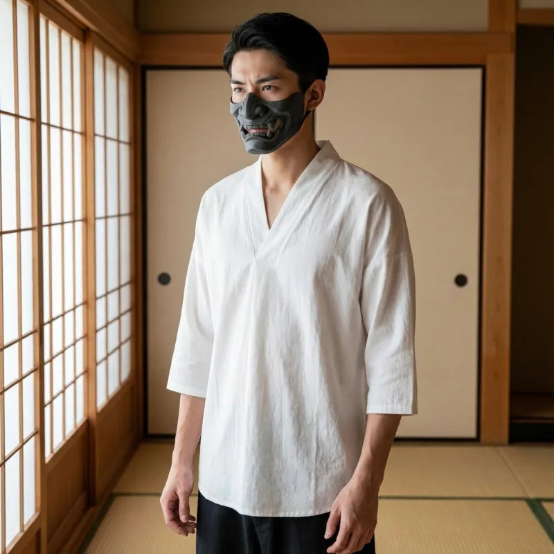 T-shirt japonais homme lin blanc vue de face