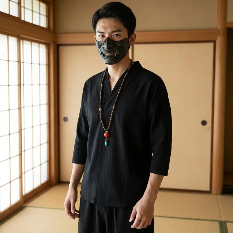 T-shirt japonais noir en lin vu de face