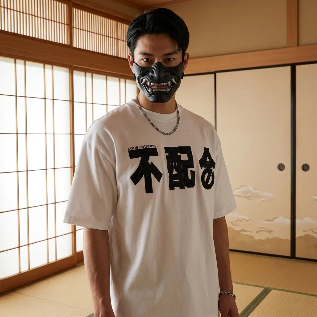 T-shirt kanji blanc avec caractères japonais noirs imprimés