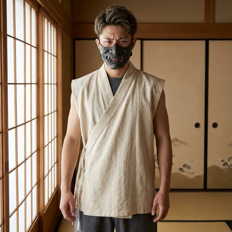 T-Shirt Style Japonais col en V gros plan