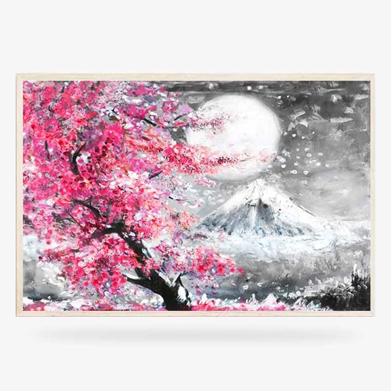Cet objet de décoration est un tableau cerisier japonais en fleur. des feuilles de sakura sont dessinées. Et il ya une peinture du mont fuji