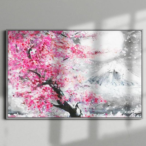 Ce tableau cerisier japonais sakura en fleur est posé sur un mur gris
