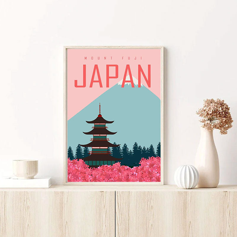 Ce tableau cerisier japonais style moderne a aussi le mont fuji et un chateau japonais