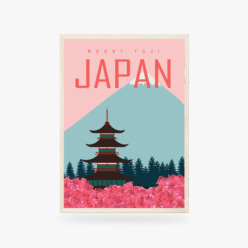 Ce poster est un tableau cerisier japonais. Un temples japonais surplombe des fleurs de sakura. Le mont fuji est en fond