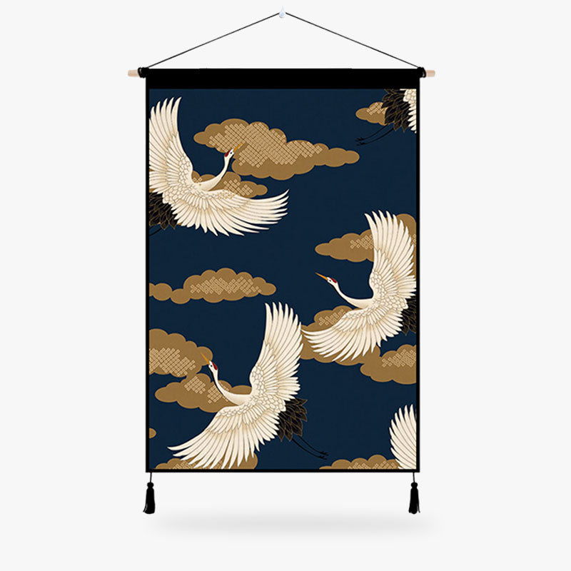 Ce tableau grue japonaise est une toile kakemono avec un support en boit. Motif tsuru imprimé sur la toile