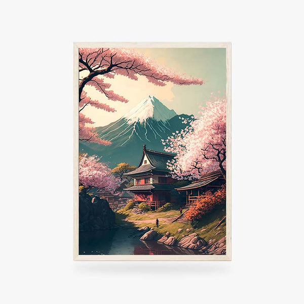 Ce tableau japonais cerisier est un objet decoration japonaise à accrocher sur un mur. La toile représente un paysage japonais avec le mont fuji et une maison traditionnelle dans la nature
