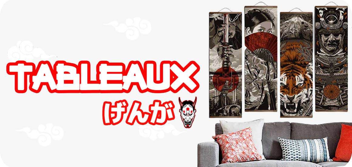 Tableau japonais représentant un katana, une geisha, un tigre japonais et un samourai