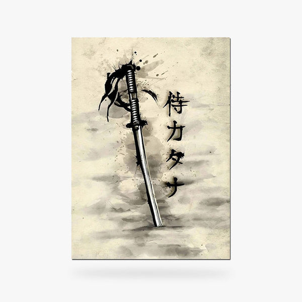 Ce tableau katana est une affiche japonaise avec un sabre japonais dessiné et des inscriptions kanji