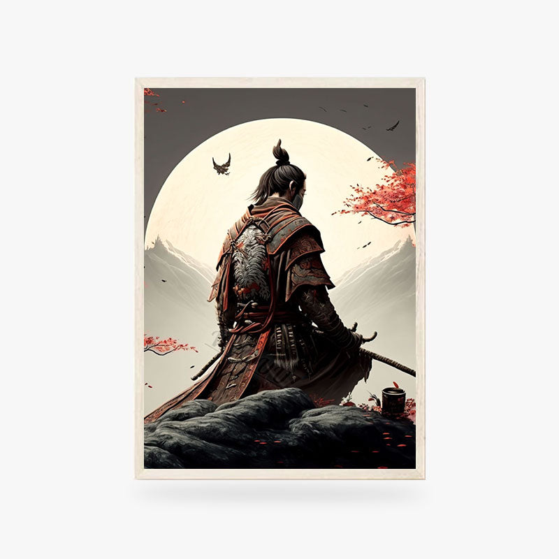 Cette affiche japonaise est un tableau ninja. Un guerrier japonais est dessiné sur le poster. Il médite au clair de lune. Decoration intérieur zen garantie