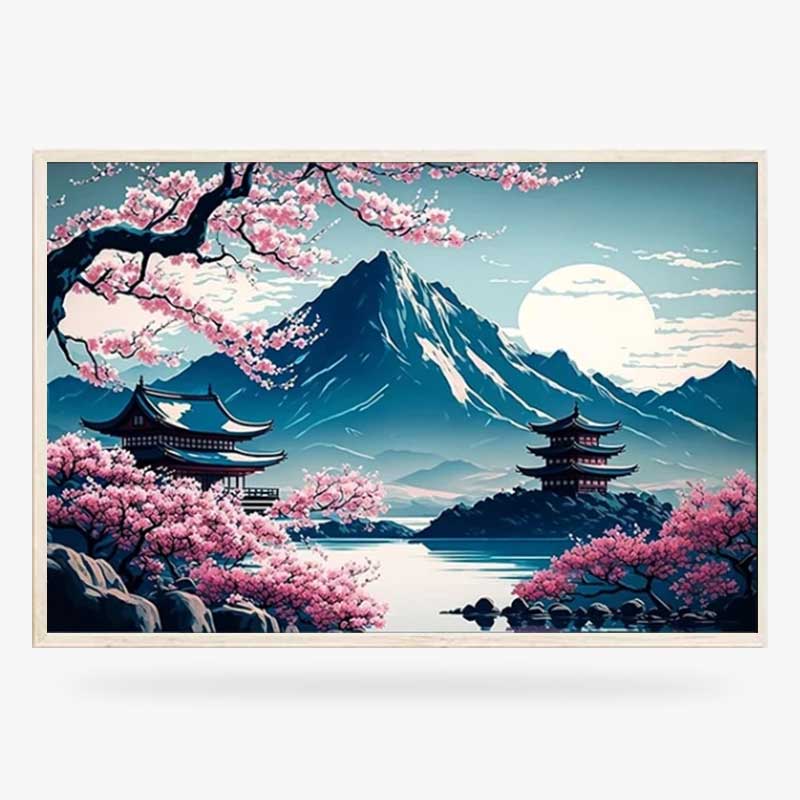 Ce grand tableau paysage japon est une toile qui représente le mont fuji et des temples japonais. Un cerisier japonais est aussi dessiné sur la toile canvas