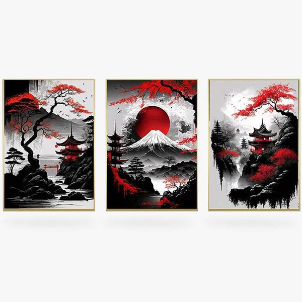 trois tableaux de paysages japonais représentant la nature japonaise