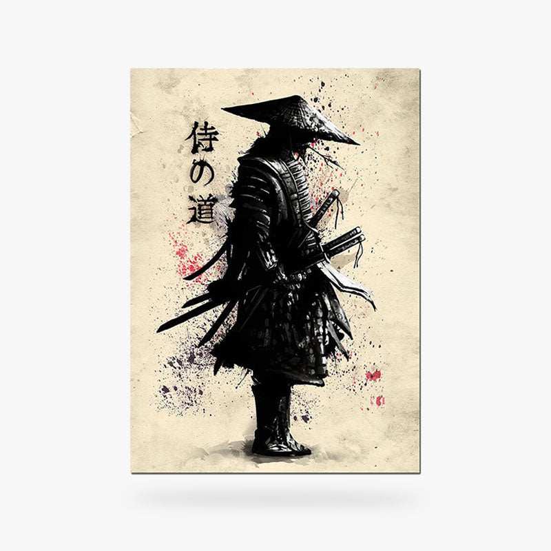 Ce tableau samourai est en matière papier canvas. Un samouraï en armure et avec des katana se tient debout dessiné sur la toile