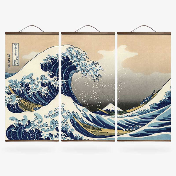 Ce tableau vague japonais est un tryptique de l'oeuvre d'hokusai, la grande vague de kanagawa
