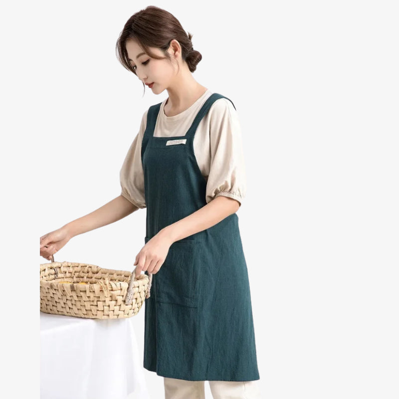 Tablier japonais à bretelles croisées en fibres naturelles, maintien sûr pour de longues heures en cuisine
