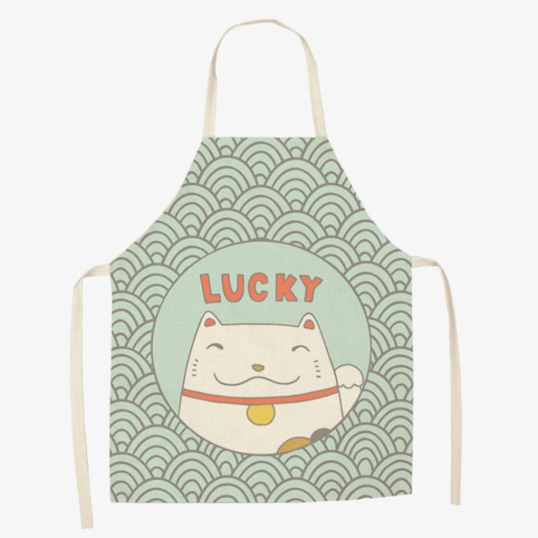 Tablier japonais chat Maneki Neko en cuisine