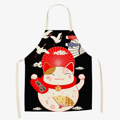 Tablier japonais maneki neko et koï porté en cuisine