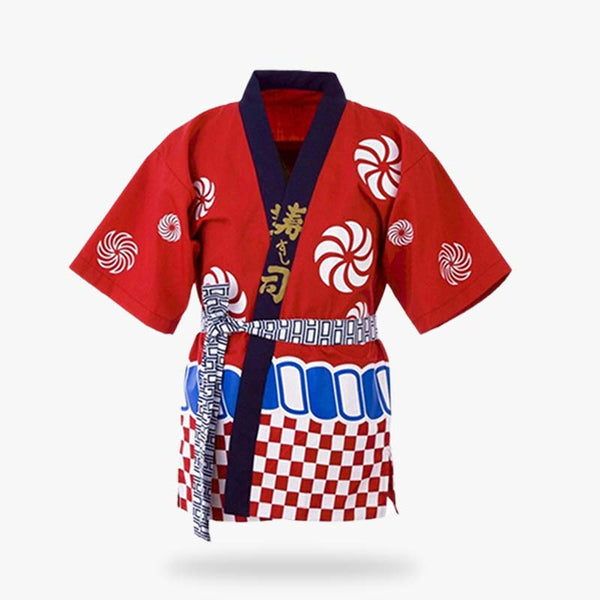 Le tablier japonais est rouge et avec des motifs japonais imprimé sur le tissu