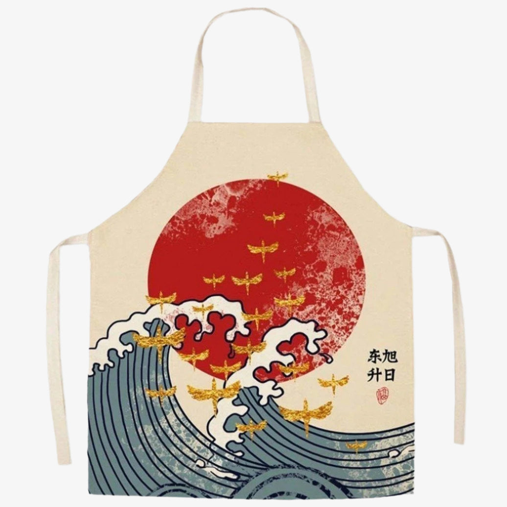 Tablier japonais vague Hokusai porté en cuisine