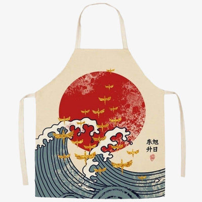 Tablier japonais vague Hokusai porté en cuisine