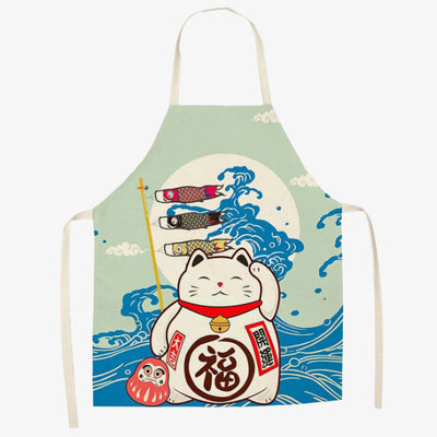 Tablier maneki neko porté en cuisine