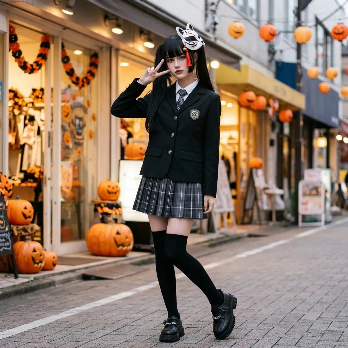 Uniforme de lycée japonais porté dans une rue de Tokyo pendant Halloween avec un masque de chat sur le côté de la tête