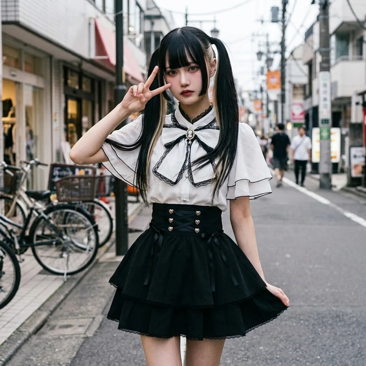 Tenue de style street harajuku, avec les manches bouffantes et la jupe a etages capturees en plein mouvement