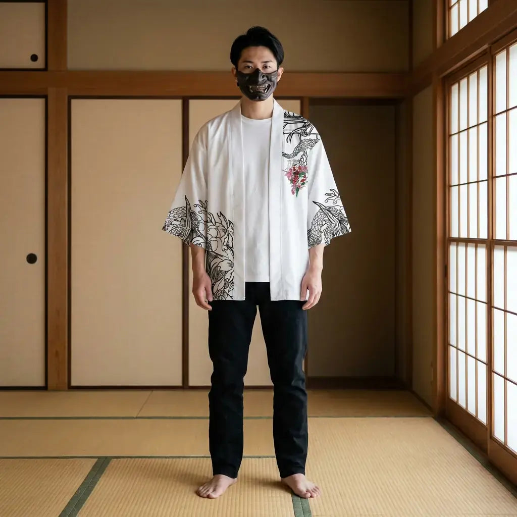 Kimono Hannya porté par un homme dans une pièce japonaise traditionnelle, vue de face