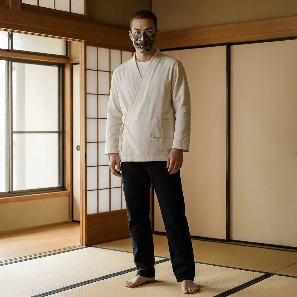 Samue Japonais Homme porté par un homme dans une pièce japonaise traditionnelle, vue de face