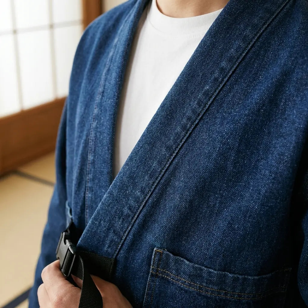 Gros plan sur le tissu imprimé et la manche d'un haori bleu