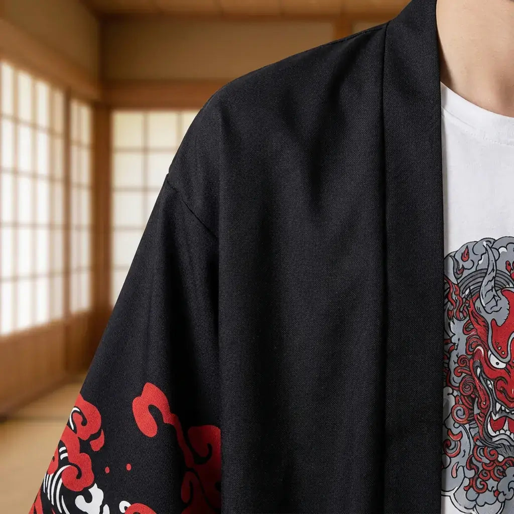 Gros plan sur le tissu et la manche du kimono ete homme