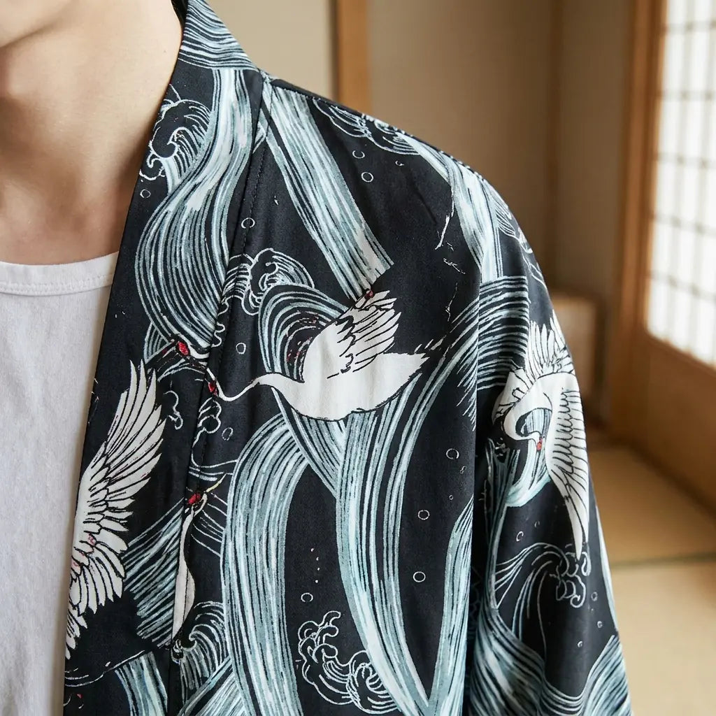 Tissu kimono imprimé et manche en gros plan