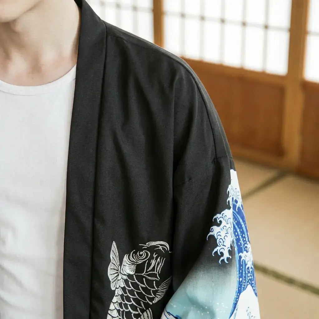 Gros plan sur le tissu et la manche du kimono veste homme