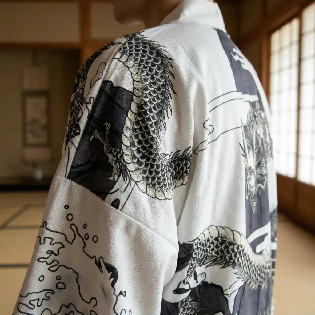 Gros plan sur le tissu et la manche du veste dragon kimono