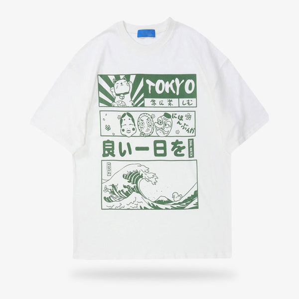 Cet habit est un tokyo japan t shirt. C'est un t-shirt casual avec des motifs japonais Kanji, la grande vague de kanagawa. T-shirt 100% coton et de couleur blanche