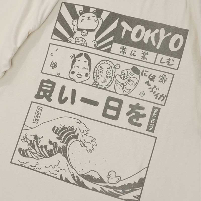 Ce Tokyo t-shirt est imprimés sur le tissus de motifs japonais traditionnels comme des Kanji, la vague japonaise et des masques No